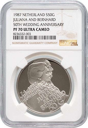 50 Gulden 1987 PROEFONTWERP ZILVER/NGC PF70/TOPPOP!!, Postzegels en Munten, Munten | Nederland, Koningin Beatrix, Zilver, Ophalen of Verzenden