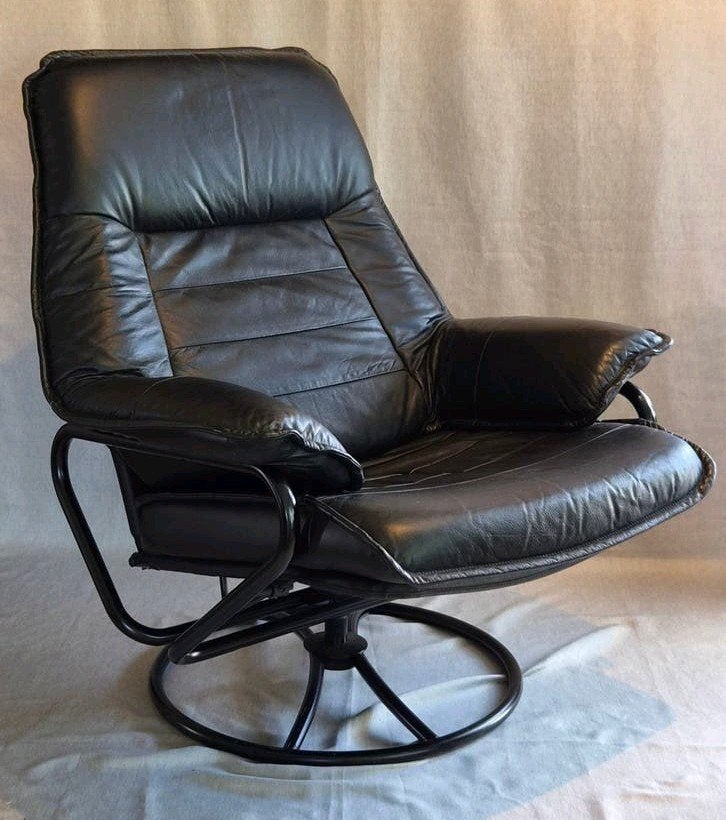 Vintage Scandinavische Pushback Loungestoel, Ophalen, Zo goed als nieuw, Leer, 50 tot 75 cm