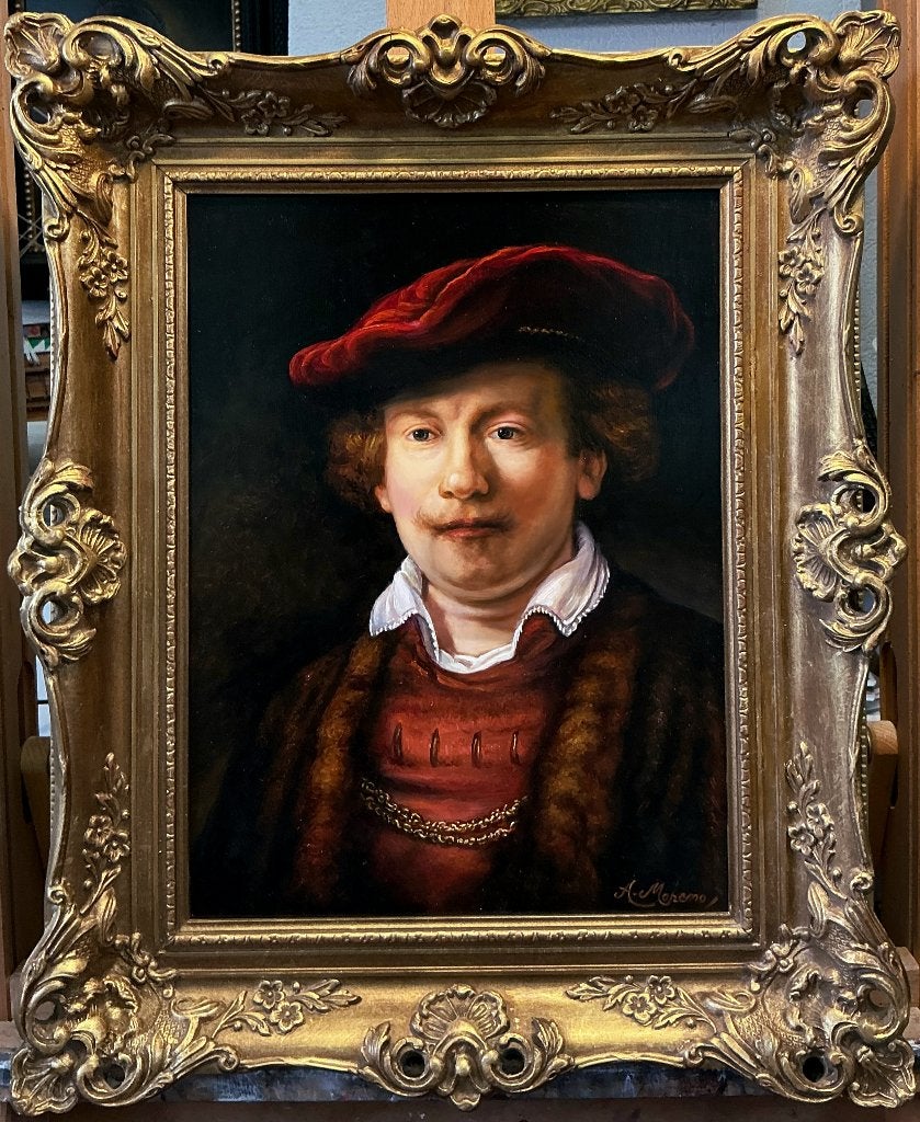 Rembrandt met rode baret ( replica )Alfonso Moreno, Antiek en Kunst, Ophalen of Verzenden