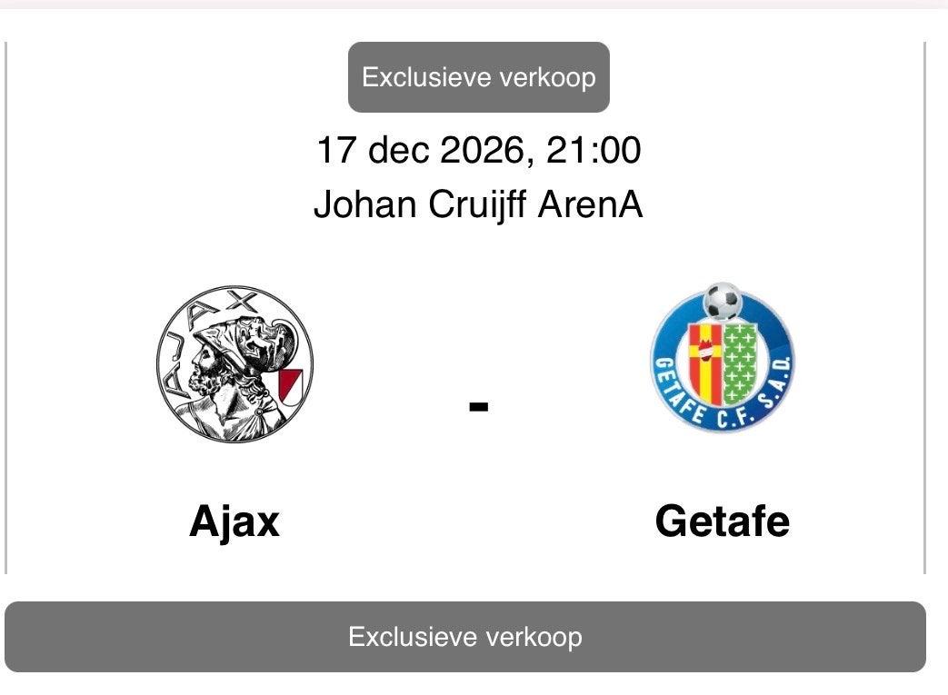 Opzoek ajax getafe tickets op f side, Losse kaart, Twee personen, December, Europa of Champions League