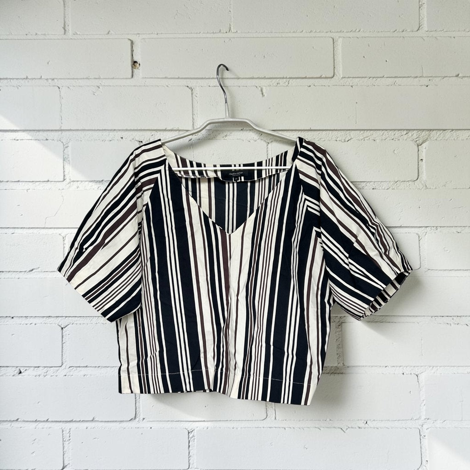 Claudia Sträter Blouse 38 Zwart Beige Bruin Streep Pofmouw, Maat 38/40 (M), Verzenden, Zwart, Zo goed als nieuw