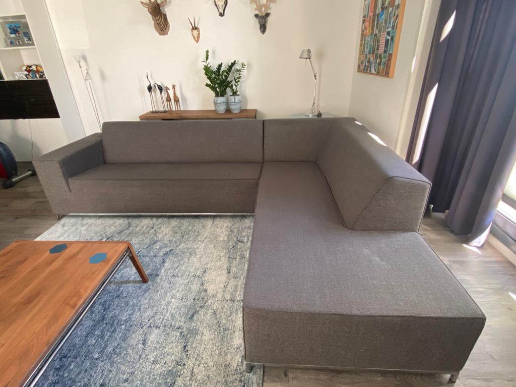 Topform hoekbank stof bruin/grijs (taupe), Huis en Inrichting, Ophalen, Gebruikt, Stof, Strak, stevig