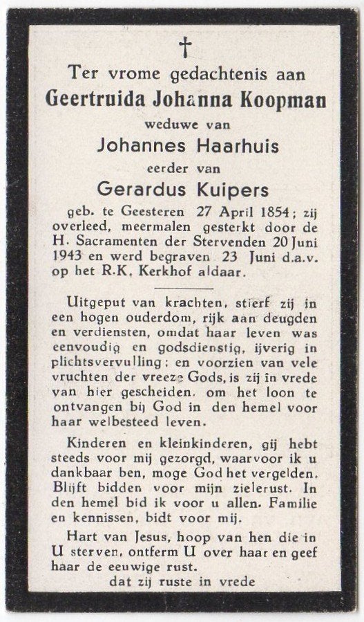 Geertruida J. Koopman 1854 Geesteren + 1943 Geesteren, 89 jr, Verzenden