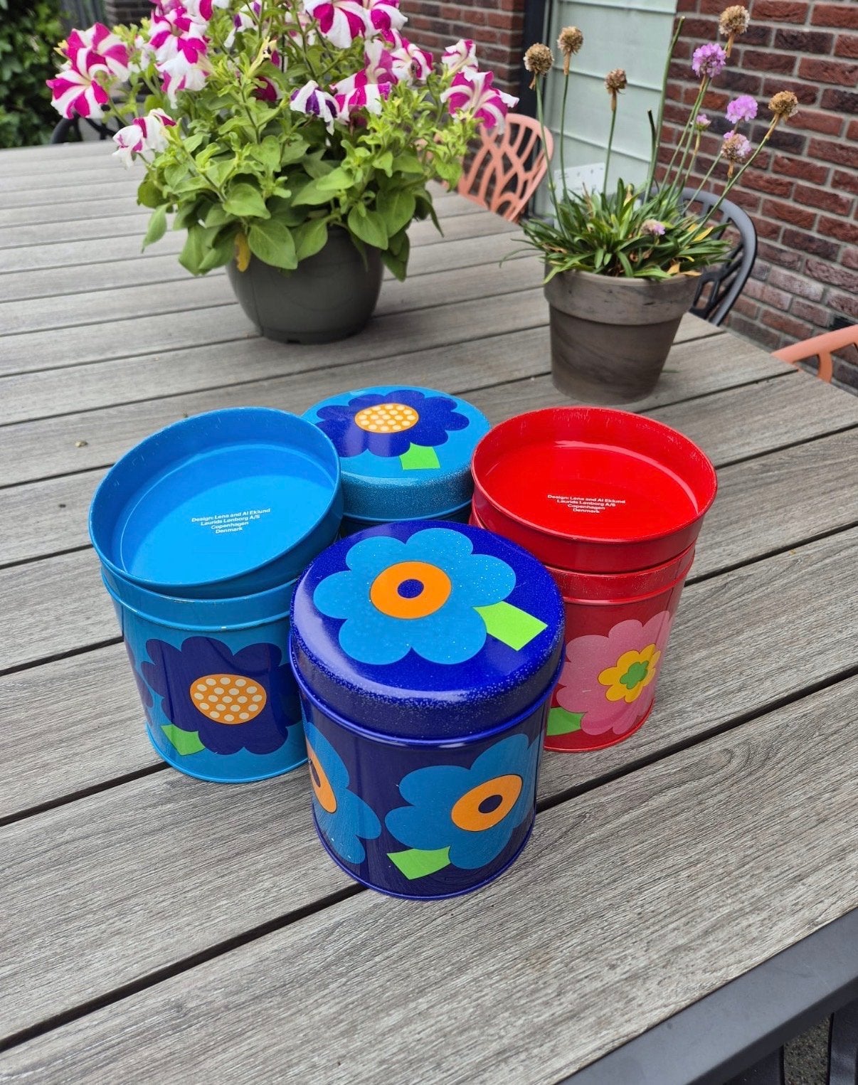 Set van 4 vrolijke blikken met bloemendesign, Huis en Inrichting, Vintage, Gebruikt, Meerkleurig, Ophalen of Verzenden