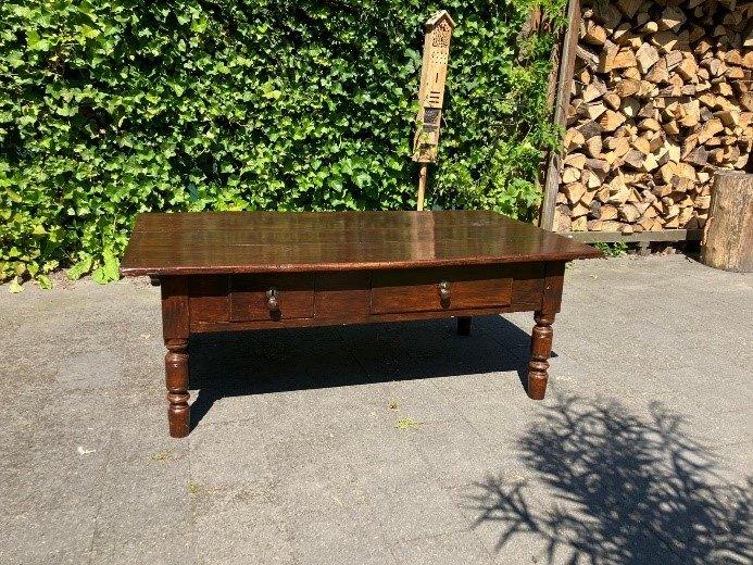 Massief houten salontafel met lades – landelijke stijl, Ophalen, Gebruikt, 50 tot 100 cm, Rechthoekig