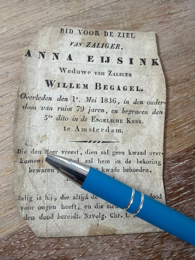 1863 zeer oud - Eijsink Anna 1836 Amsterdam x Begagel, Verzamelen, Bidprentjes en Rouwkaarten, Ophalen of Verzenden, Bidprentje