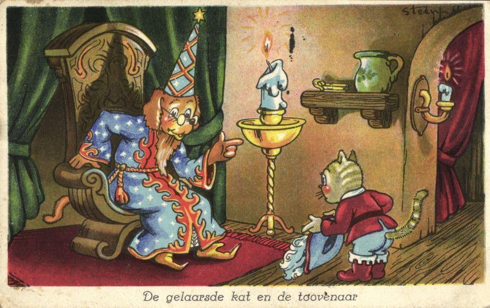 De Gelaarsde Kat en de Tovenaar (1948) Ansichtkaart, Verzamelen, Ophalen of Verzenden, 1940 tot 1960, Gelopen, Overige thema's