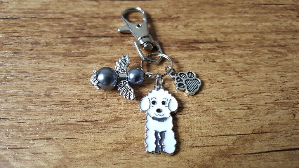 (Sleutel/Tas) Hanger Poedel wit emaille met guardian angel, Verzenden, Nieuw, Hanger
