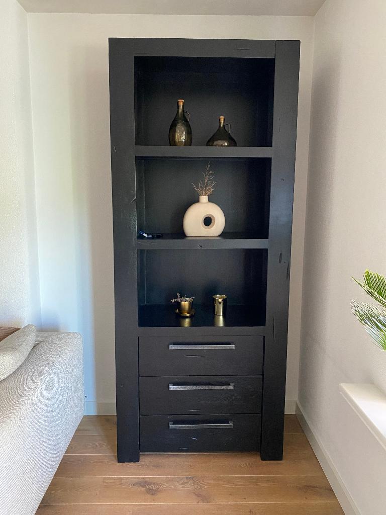 Zwarte eikenhouten kast te koop, Ophalen, Met plank(en), 200 cm of meer, Eikenhout