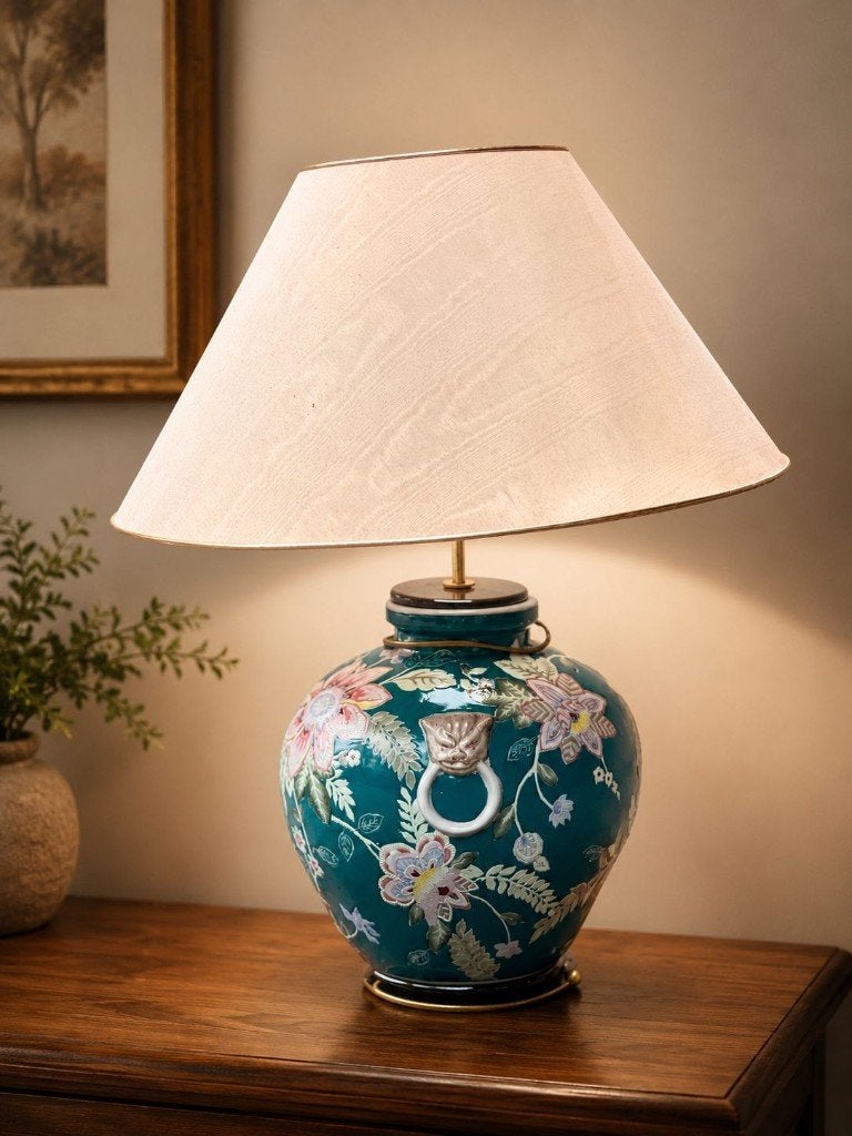 Chinoiserie tafellamp – keramiek met bloemmotief, groen/roze, Ophalen, Met schakelaar, Gebruikt, Groen