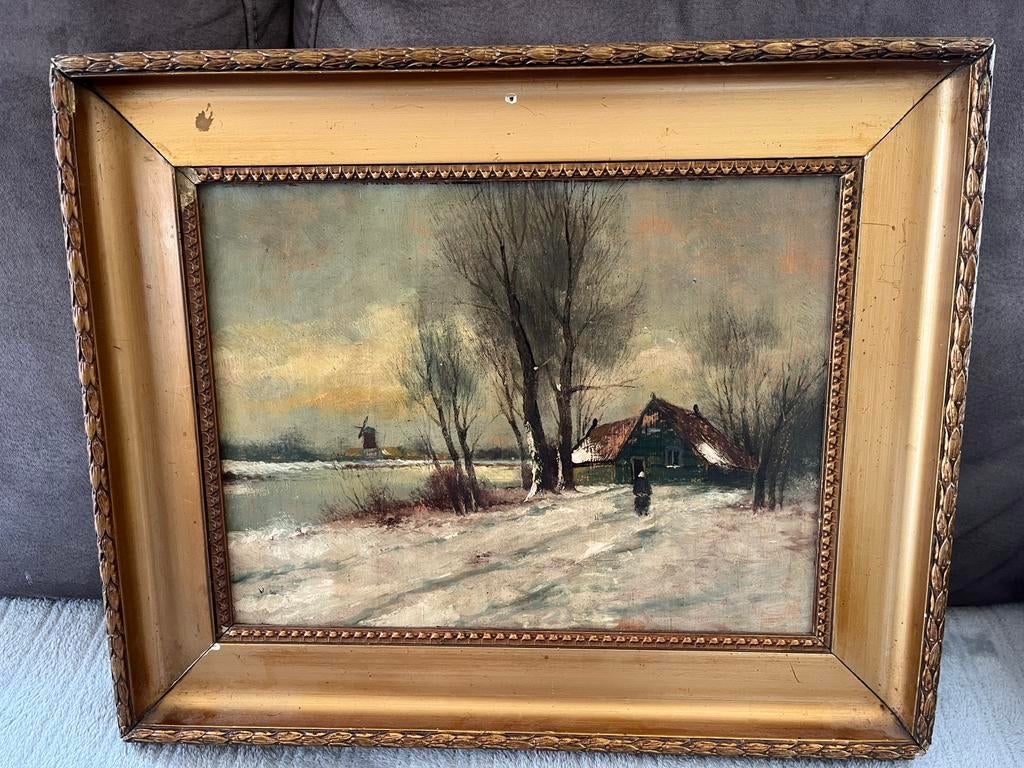 Antiek olieverf winterlandschap schilderij, Ophalen of Verzenden