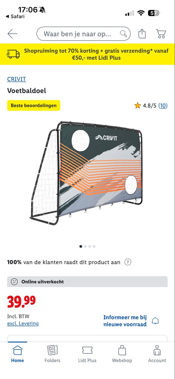 CRIVIT Voetbaldoel - Robuust en Eenvoudig Op te Bouwen, Maat XL, Ophalen, Nieuw, Overige typen