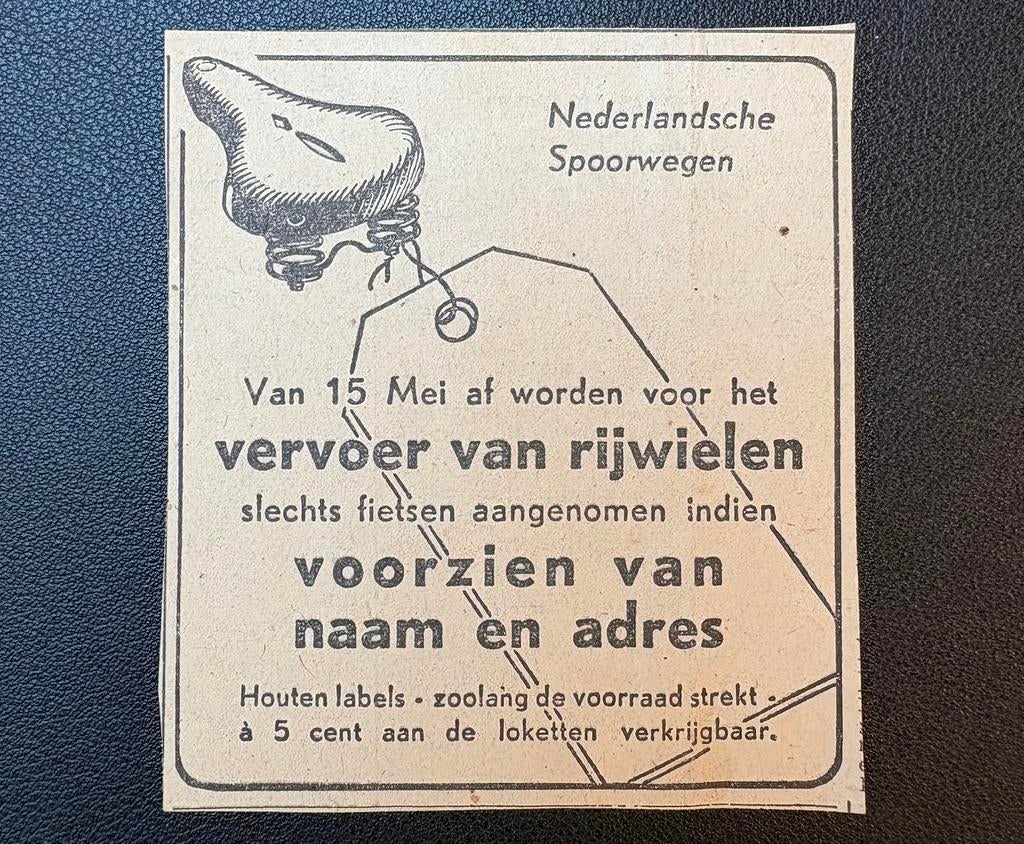 Oude advertentie NS ‘Vervoer van rijwielen’ (1944), Verzamelen, Ophalen of Verzenden, Gebruikt, Trein