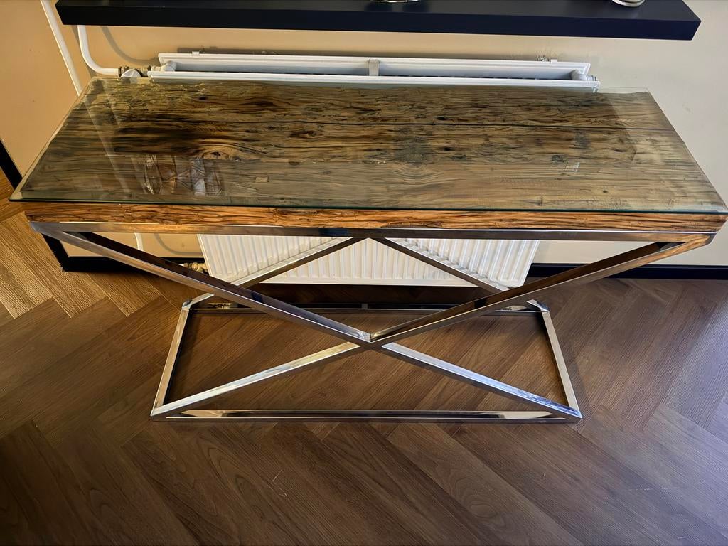 Richmond Bijzettafel met glazen blad en metalen onderstel, Huis en Inrichting, Tafels | Bijzettafels, Zo goed als nieuw, 75 cm of meer