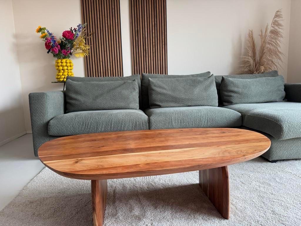 Unieke houten salontafel - organische vorm, Huis en Inrichting, Tafels | Salontafels, Ophalen, Gebruikt, 100 tot 150 cm, 50 tot 100 cm