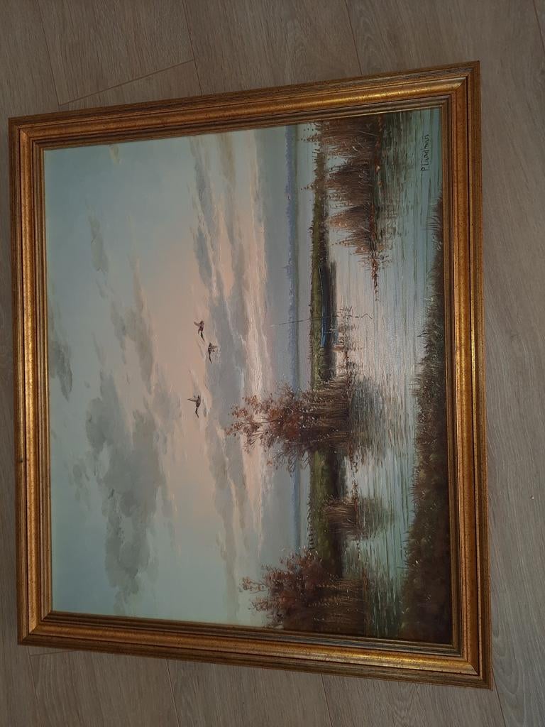 Schilderij P. Landman - Landschap met water en vogels, Antiek en Kunst, Kunst | Schilderijen | Klassiek, Ophalen