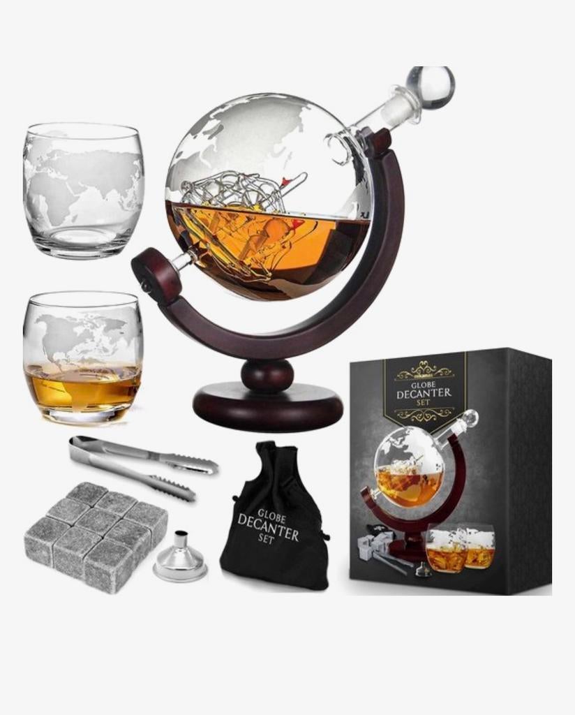 Globe Decanter Set met Whiskey Glazen en Koelstenen, Nieuw, Ophalen of Verzenden, Meerkleurig, Overige merken