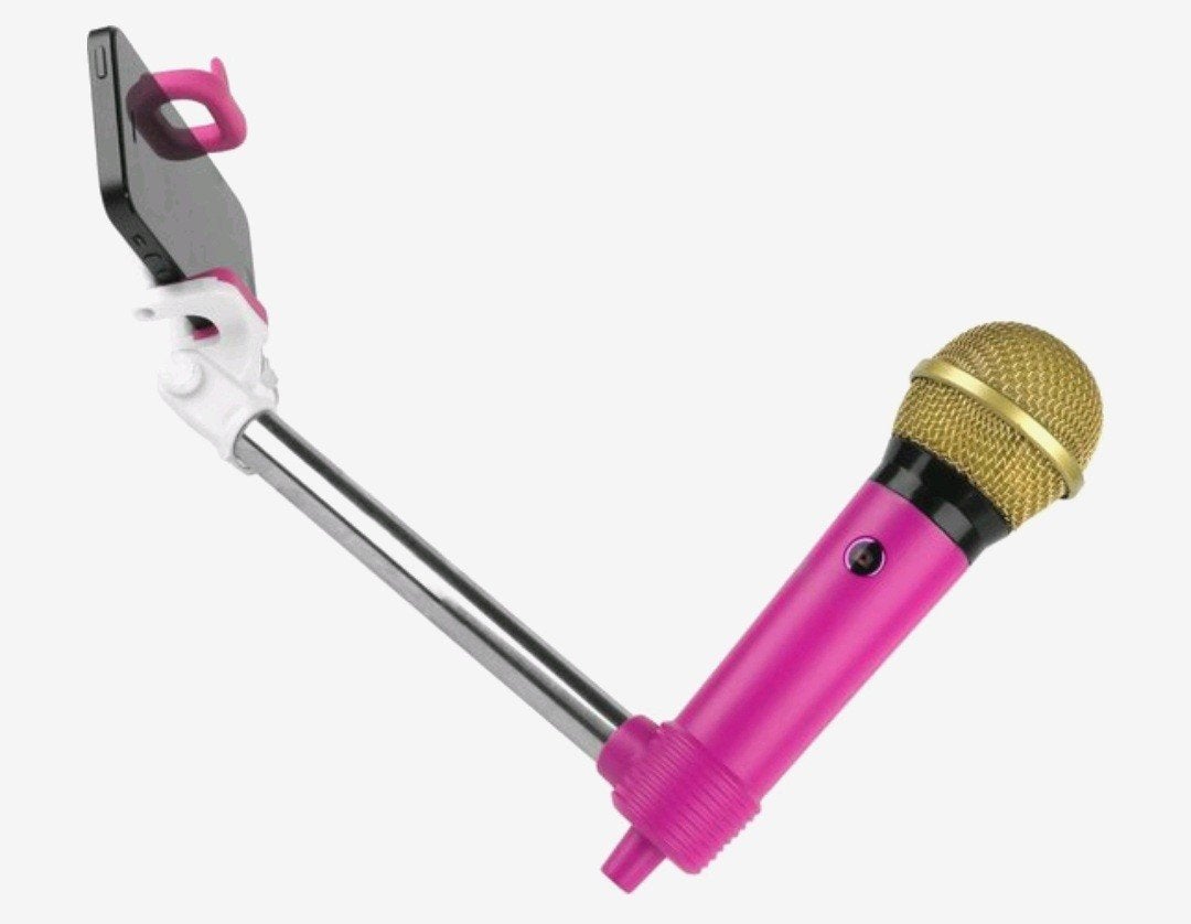 Roze microfoon met selfiestick en telefoonhouder, Ophalen of Verzenden, Zo goed als nieuw, Zangmicrofoon