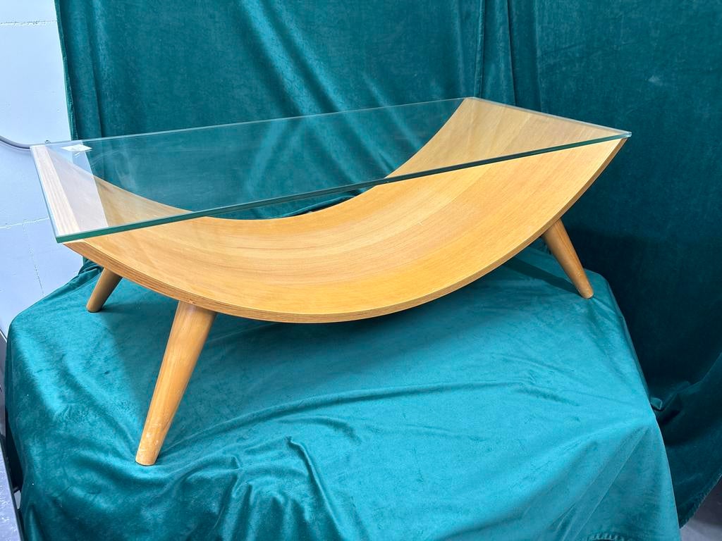 Vintage Salontafel met Organisch Houten Onderstel en Glazen, Antiek en Kunst, Antiek | Meubels | Tafels, Ophalen