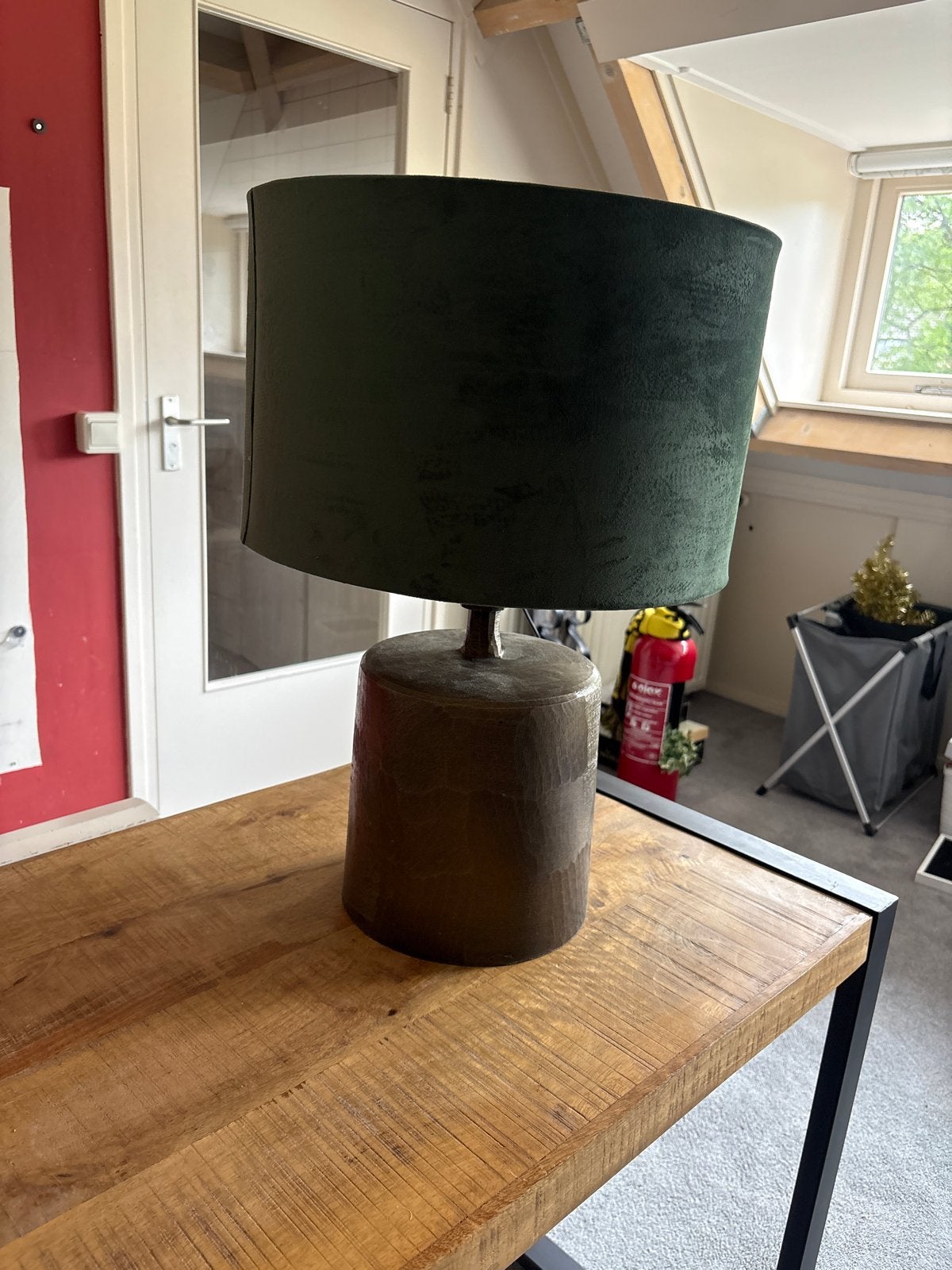 Tafellamp brons met donkergroene velours kap, Ophalen, Gebruikt, Groen, Sfeerlamp