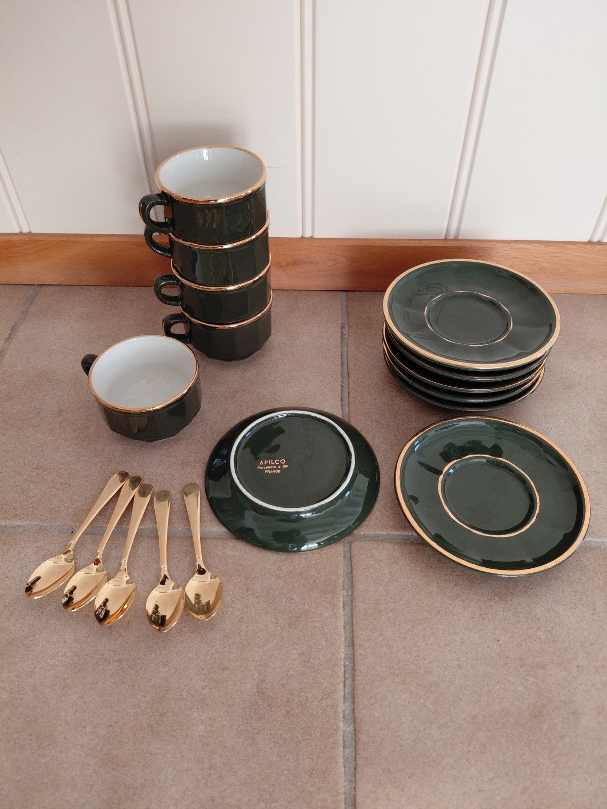 Apilco Porseleinen vintage kopjes, schotels en lepeltjes, Ophalen of Verzenden