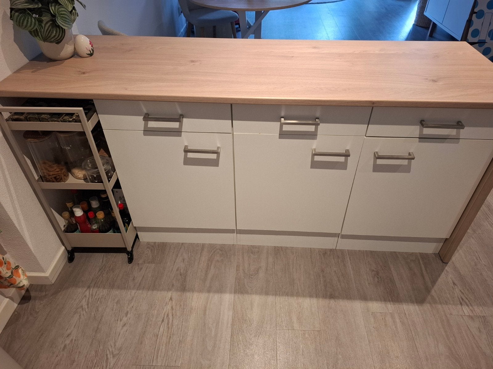 Keukenblok met houten blad en 3 kasten, Ophalen, Gebruikt, Wit, Overige typen