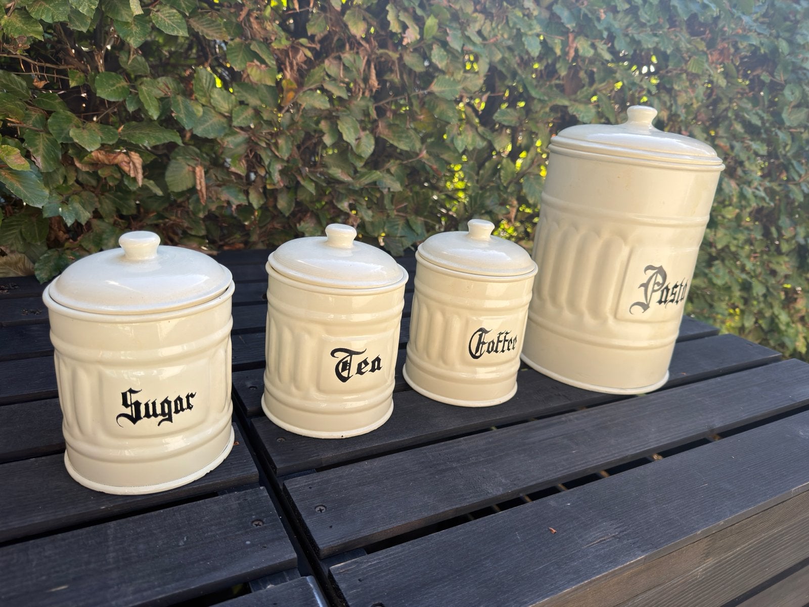 Set van 4 vintage voorraadpotten - Sugar, Tea, Coffee, Pasta, Beige, Gebruikt, Ophalen of Verzenden, Voorraadpot