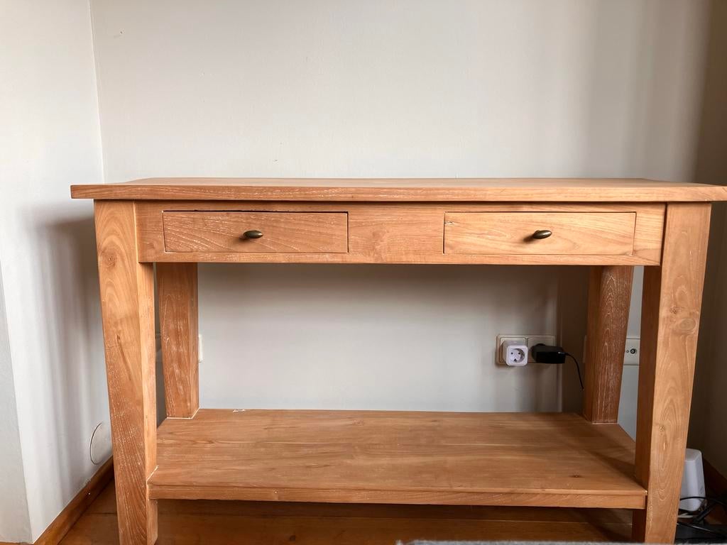 Teak houten sidetable met 2 lades - 120x40x78 cm, Ophalen, Gebruikt, 100 tot 150 cm, Teakhout