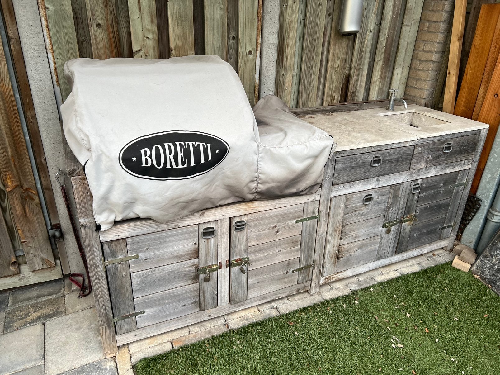 Mooie steigerhouten buitenkeuken ZONDER Boretti bbq, Ophalen, Gebruikt, Houtskool