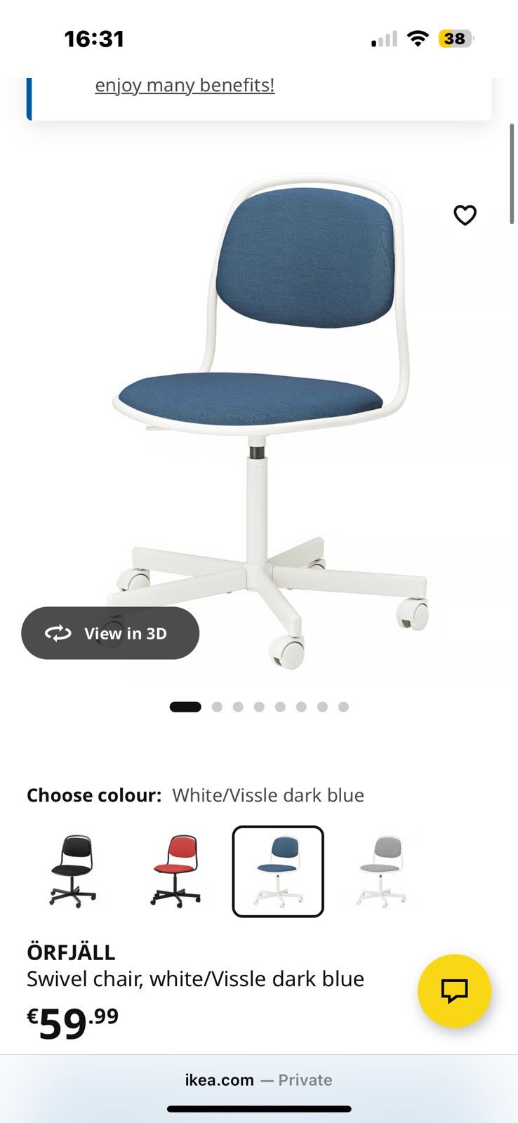 IKEA ÖRFJÄLL Bureaustoel - Wit/Vissle donkerblauw, Ophalen, Zo goed als nieuw, Zwart, Bureaustoel