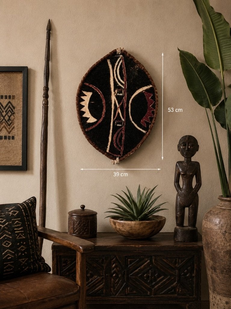 Decoratief Afrikaans schild van dierenhuid – handgemaakt, Ophalen of Verzenden
