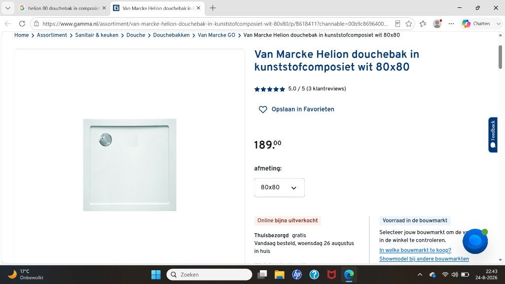 Douchebak 80 x 80 in composiet wit NIEUW nog in verpakking, Doe-het-zelf en Verbouw, Ophalen, Nieuw, Douche