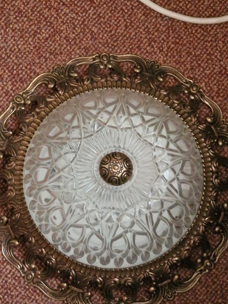 Oude Plavon lamp Plafonnière messing / glas, Ophalen of Verzenden