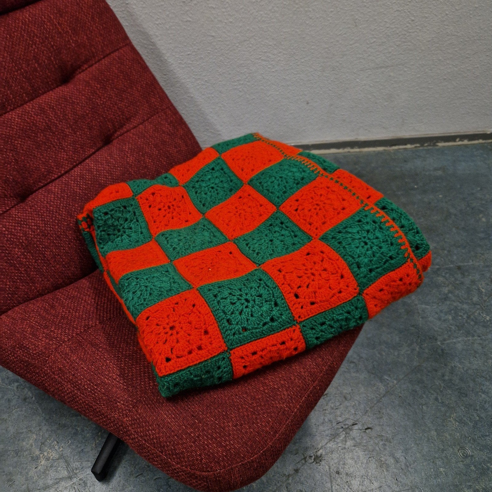 Vintage gehaakt sprei deken plaid oranje groen, Verzamelen, Ophalen of Verzenden, Huis en Inrichting