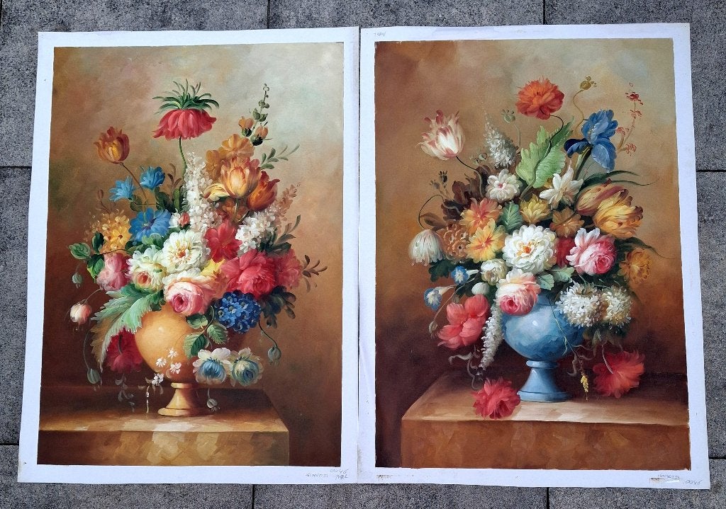 Hollandse school, twee bloemstillevens, Bloemen, Doek, Ophalen of Verzenden, Olieverf