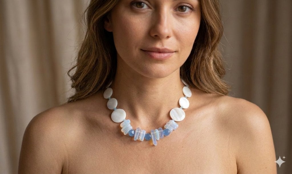 Prachtige Unieke Ketting Chalcedoon Stenen Parel en Opaliet, Sieraden, Tassen en Uiterlijk, Kettingen, Wit, Nieuw, Ophalen of Verzenden