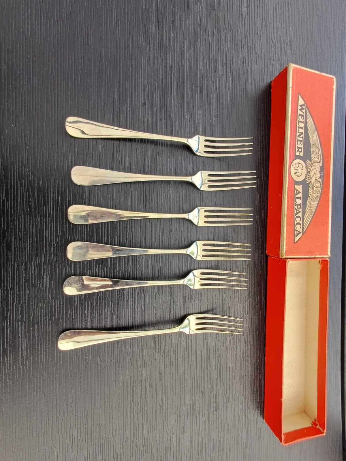 Set van 6 Wellner Alpaca vorken in originele doos, Antiek en Kunst, Antiek | Bestek, Ophalen