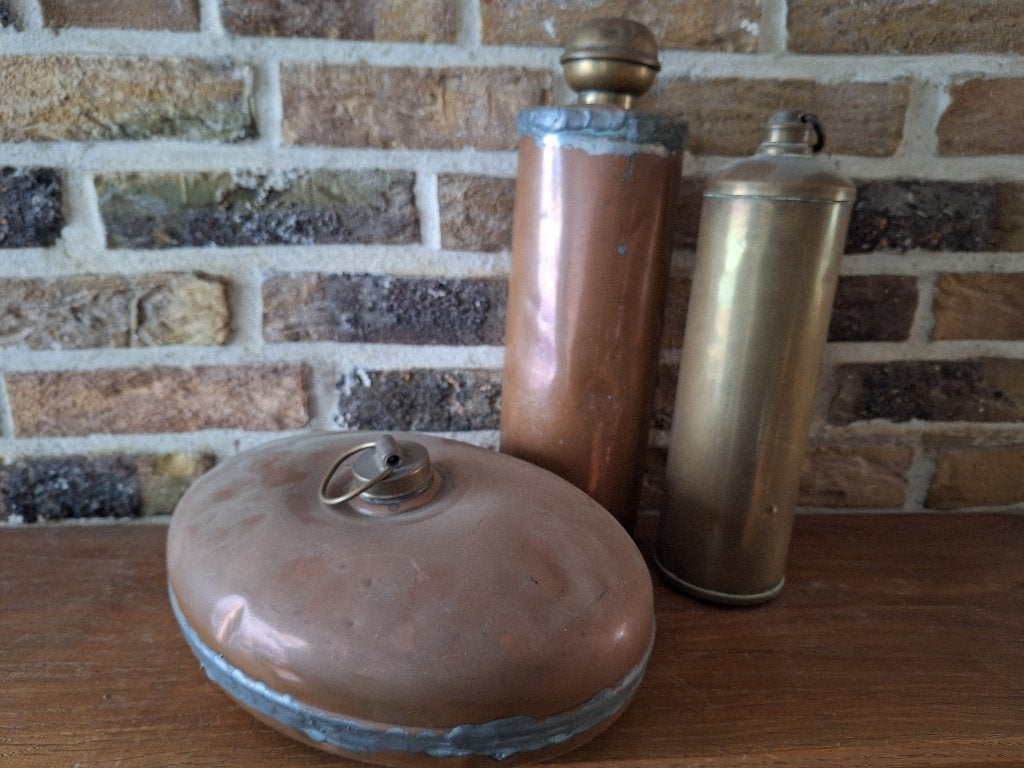 Antieke koperen bedkruiken en voetenwarmer (3 stuks), Antiek en Kunst, Ophalen of Verzenden