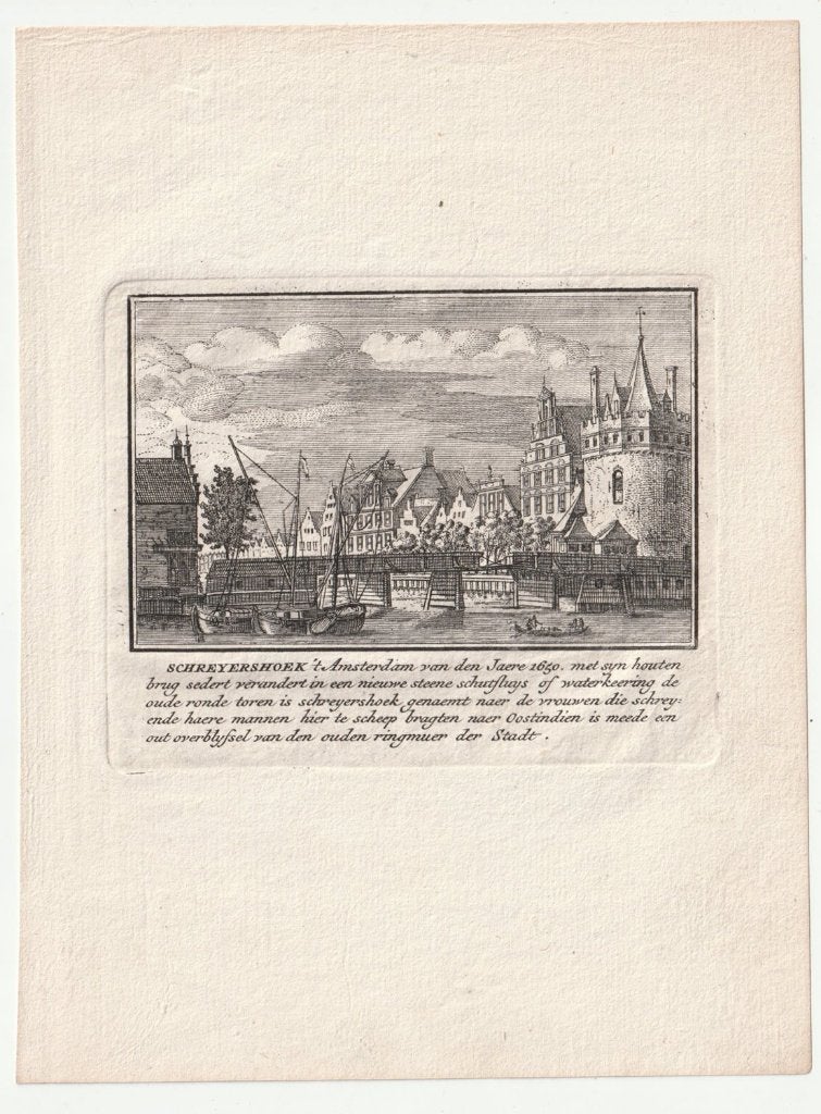 Gezicht op de Schreierstoren in Amsterdam Bregmagher 1726, Antiek en Kunst, Verzenden, Stadsgezicht, Gravure, Blanco verso