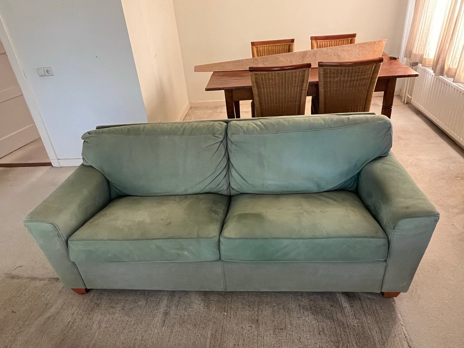 2-zitsbank groen leer, 200x82x78cm, gratis af te halen, Ophalen, Gebruikt, Tweepersoons, Rechte bank