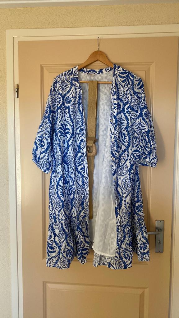 Blauw witte jurk maat 46, Blauw, Maat 46/48 (XL) of groter, Ophalen of Verzenden, Zo goed als nieuw