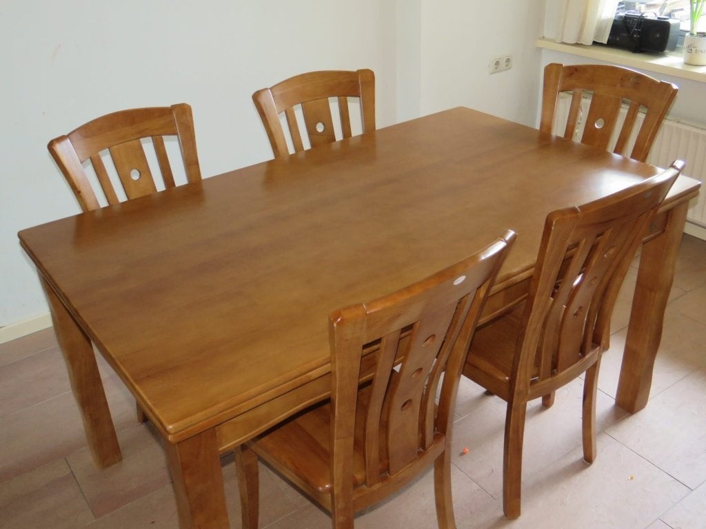 Eettafel met 6 bijhorende stoelen, Ophalen, Gebruikt, 100 tot 150 cm, 50 tot 100 cm