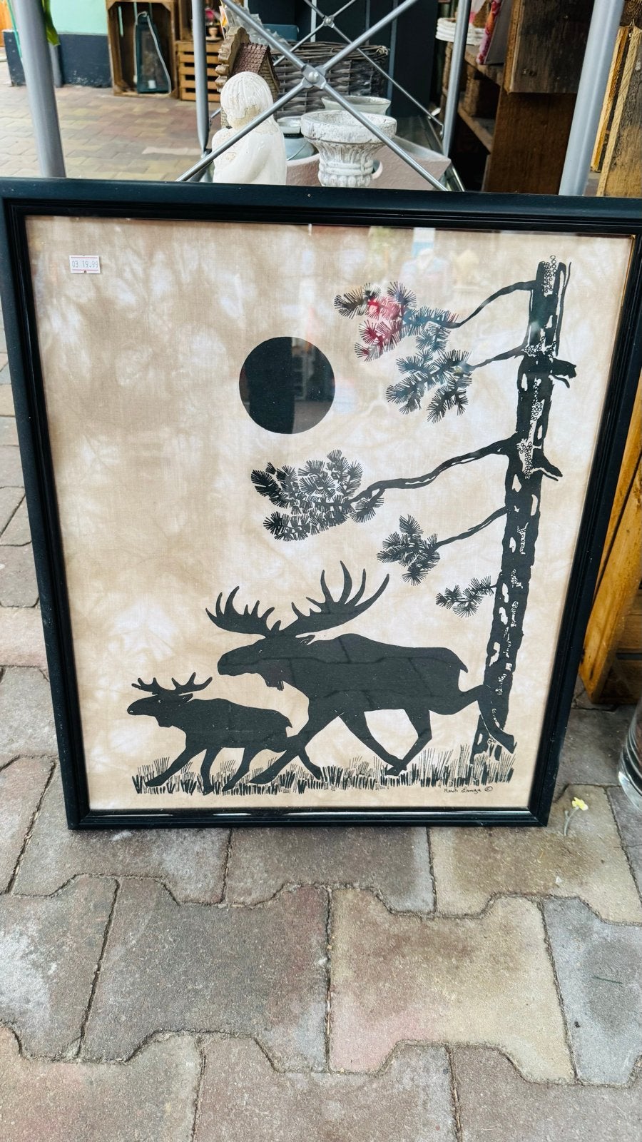 Batik - Ingelijste print met elanden en maan, 50 – 75, Gebruikt, Ophalen of Verzenden, Print