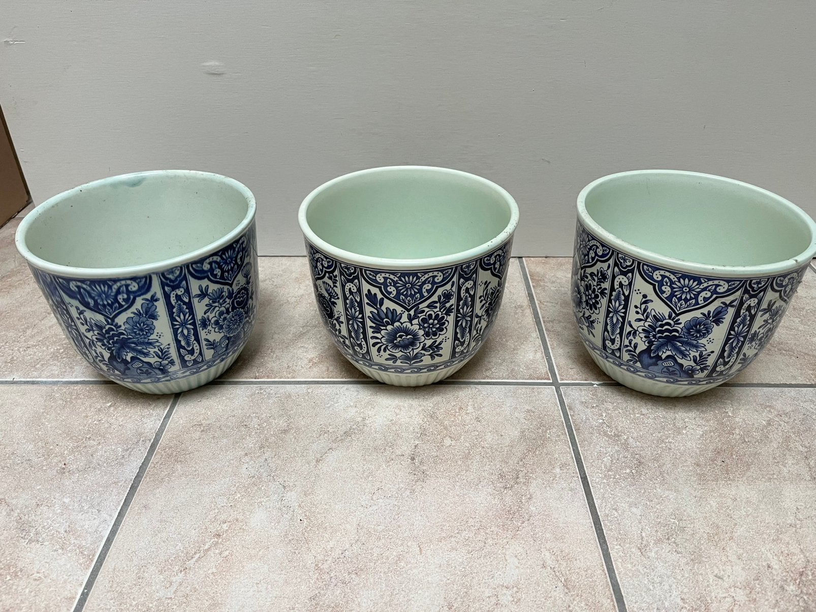 Delfts blauwe bloempotten/plantenpotten/overpotten 18 cm, Ophalen, Gebruikt, Rond, Binnen