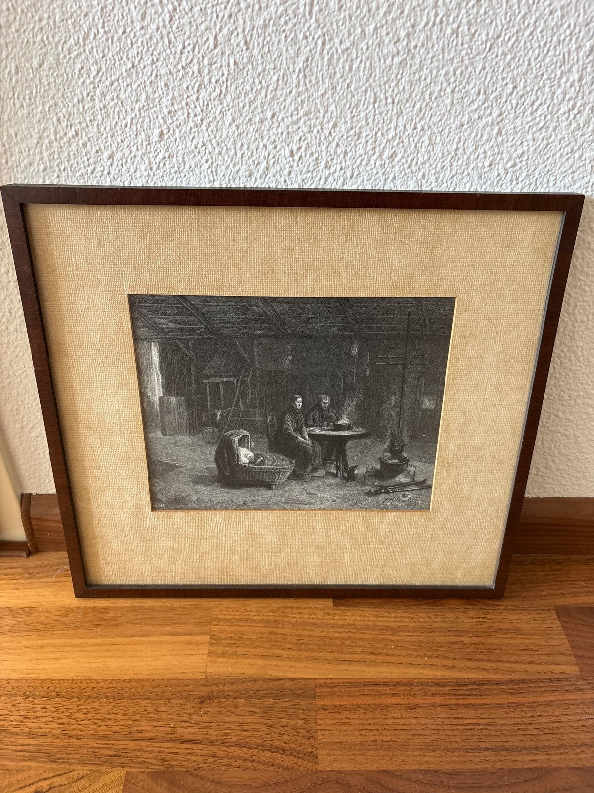 Antieke ingelijste prent van huiselijk tafereel, 36x33 cm, Ophalen, Tekening, Klassiek, Overige onderwerpen