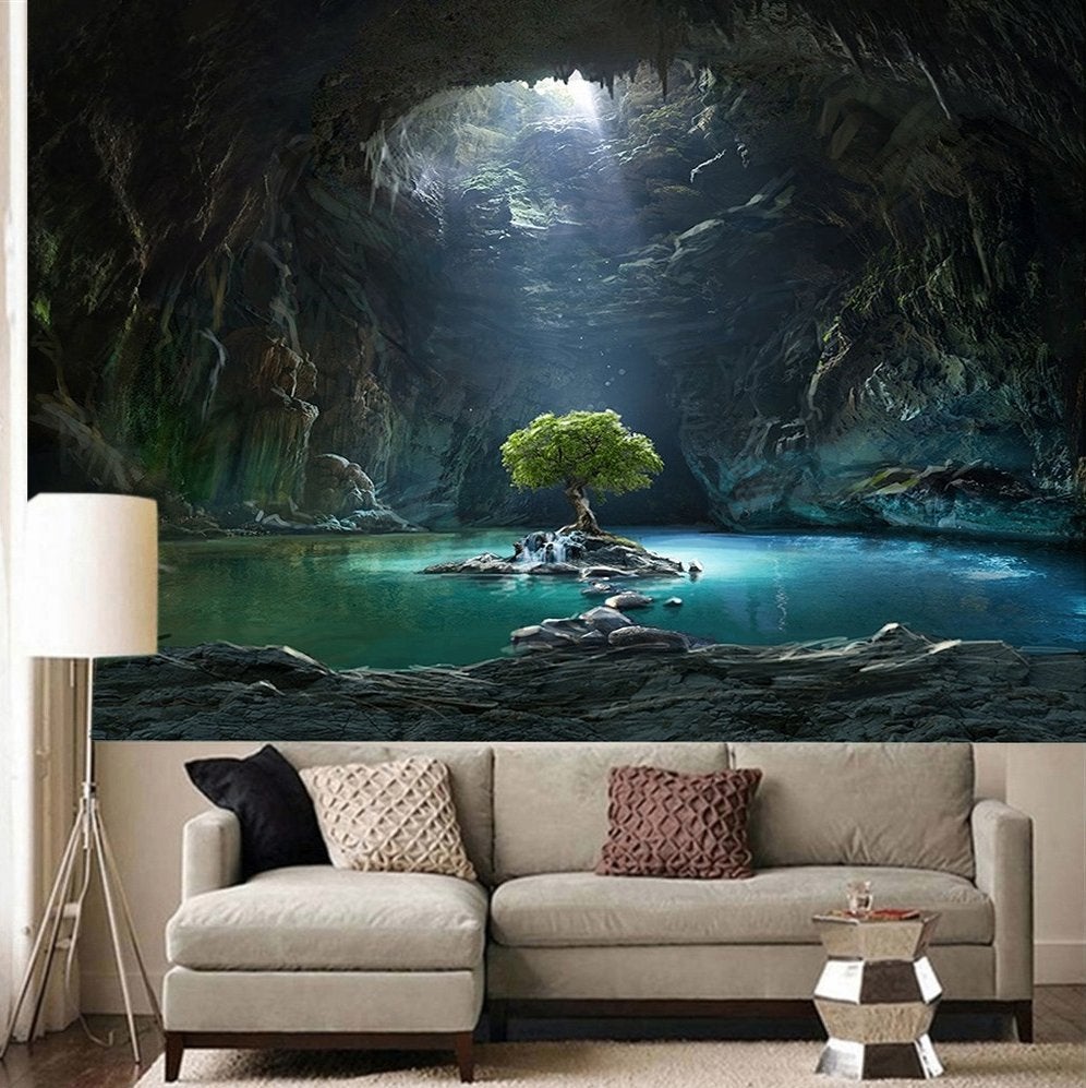 Grot Met Boom Wandkleed 2 / 3D Wand Kleed Natuur Water Zon, Verzenden, Nieuw