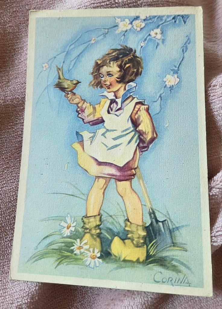 Meisje op klompen met schep en vogeltje - Corina, Verzenden, 1940 tot 1960, Ongelopen, Kinderen