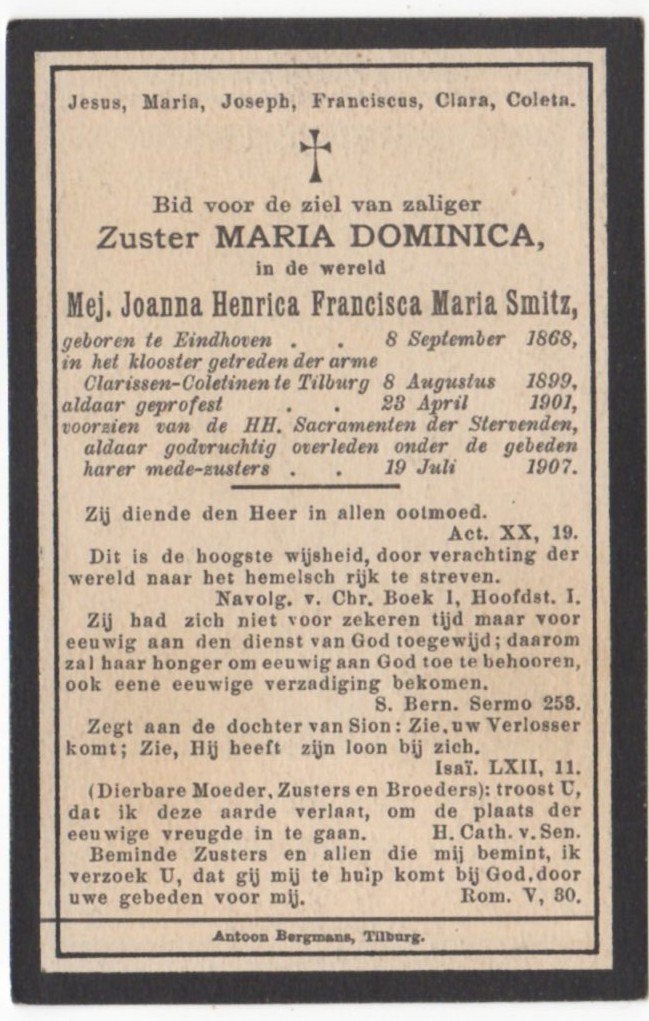 zr. Joanna H.F.M. Smitz 1868 Eindhoven + 1907 Tilburg, 38 jr, Verzenden