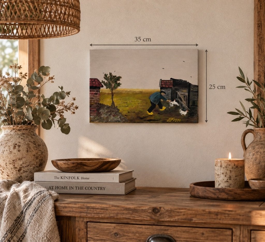 Vintage schilderij landelijk tafereel met kippen, Huis en Inrichting, Woonaccessoires | Schilderijen, Tekeningen en Foto's, Ophalen of Verzenden