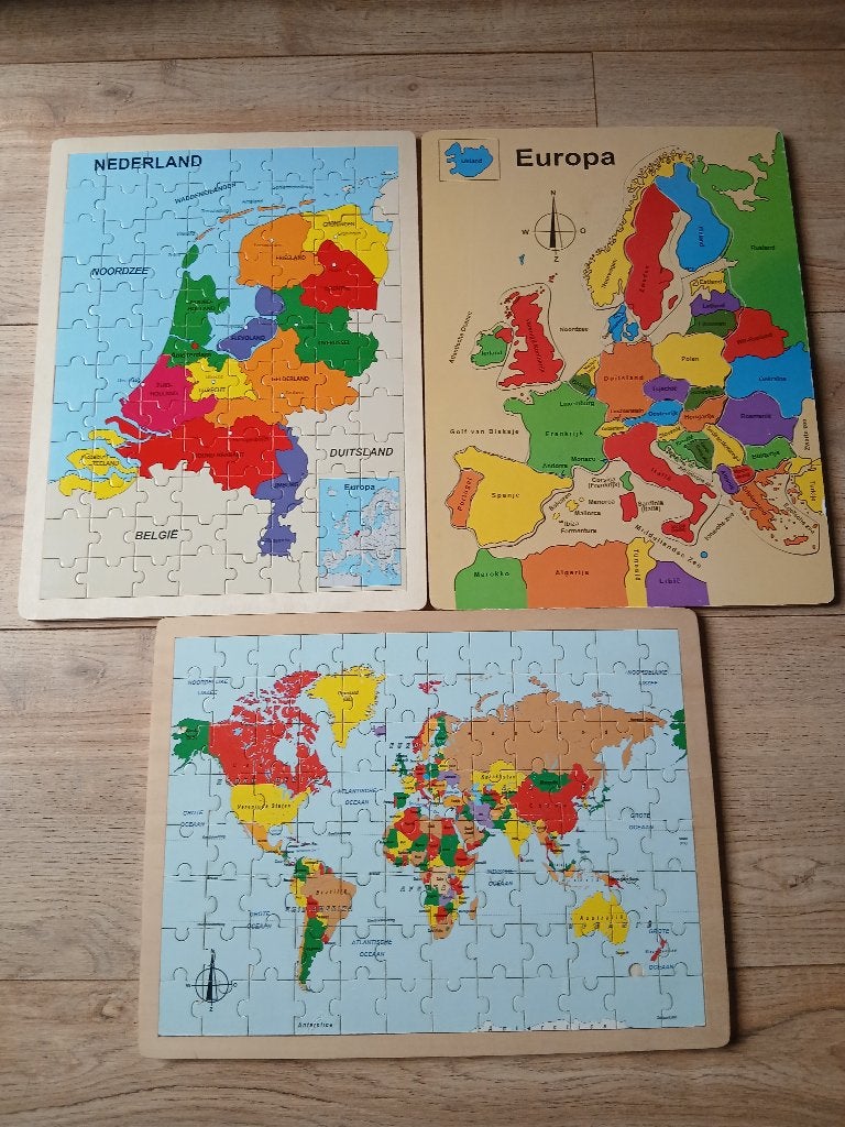3 Houten puzzels Nederland, Europa en Wereld, Gebruikt, Van hout, 6 jaar of ouder, Meer dan 50 stukjes